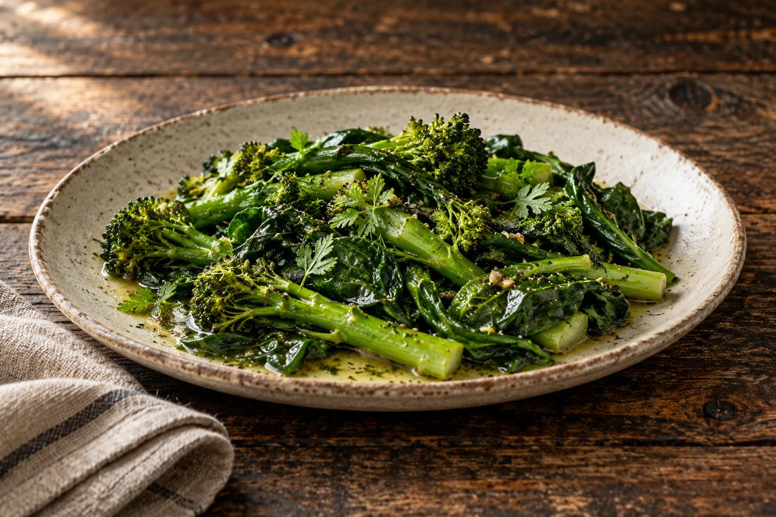 Seasonal greens tossed with herb butter on a rustic ceramic plate