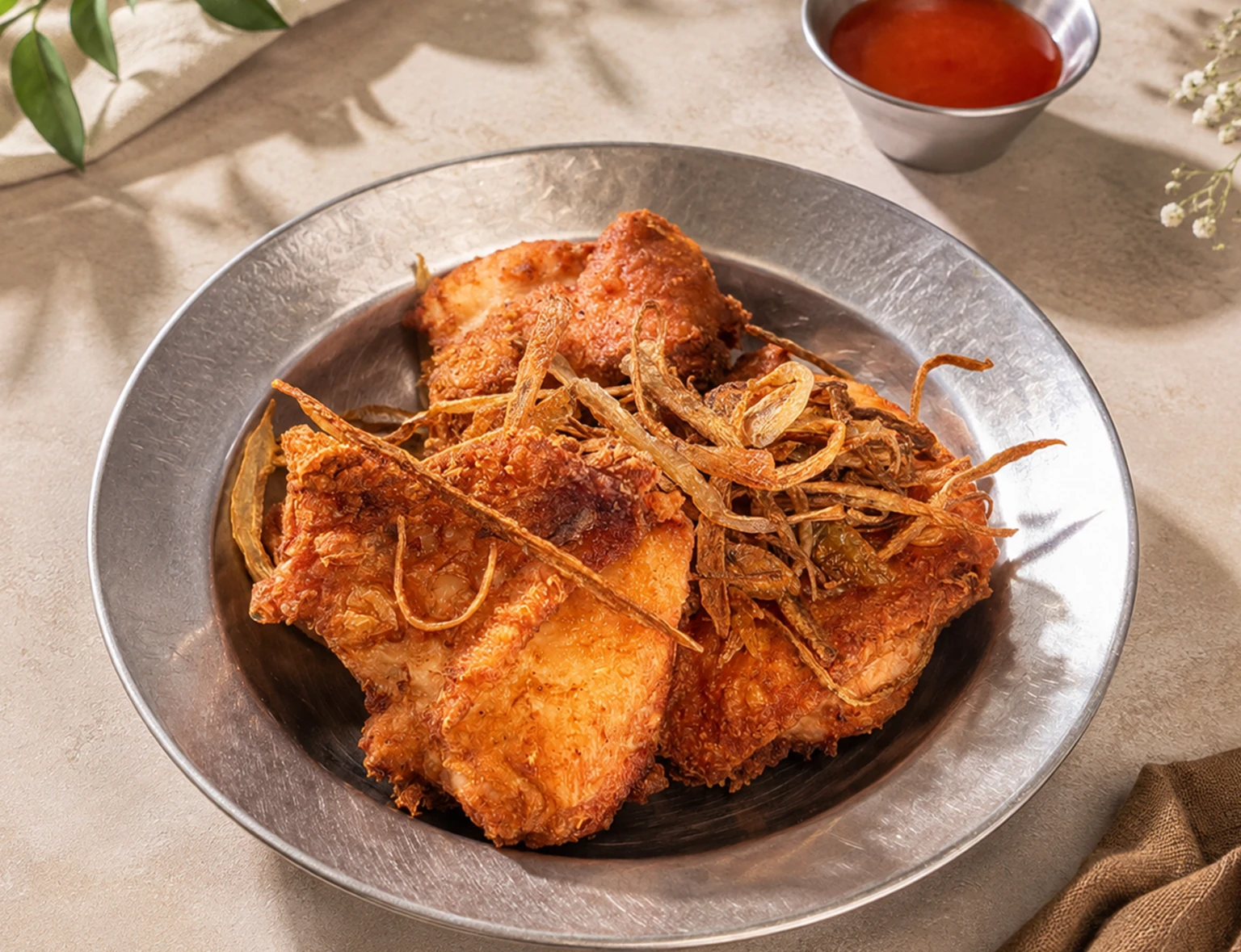 Thai fried chicken with crisp shallots at Plaza Khao Gaeng
