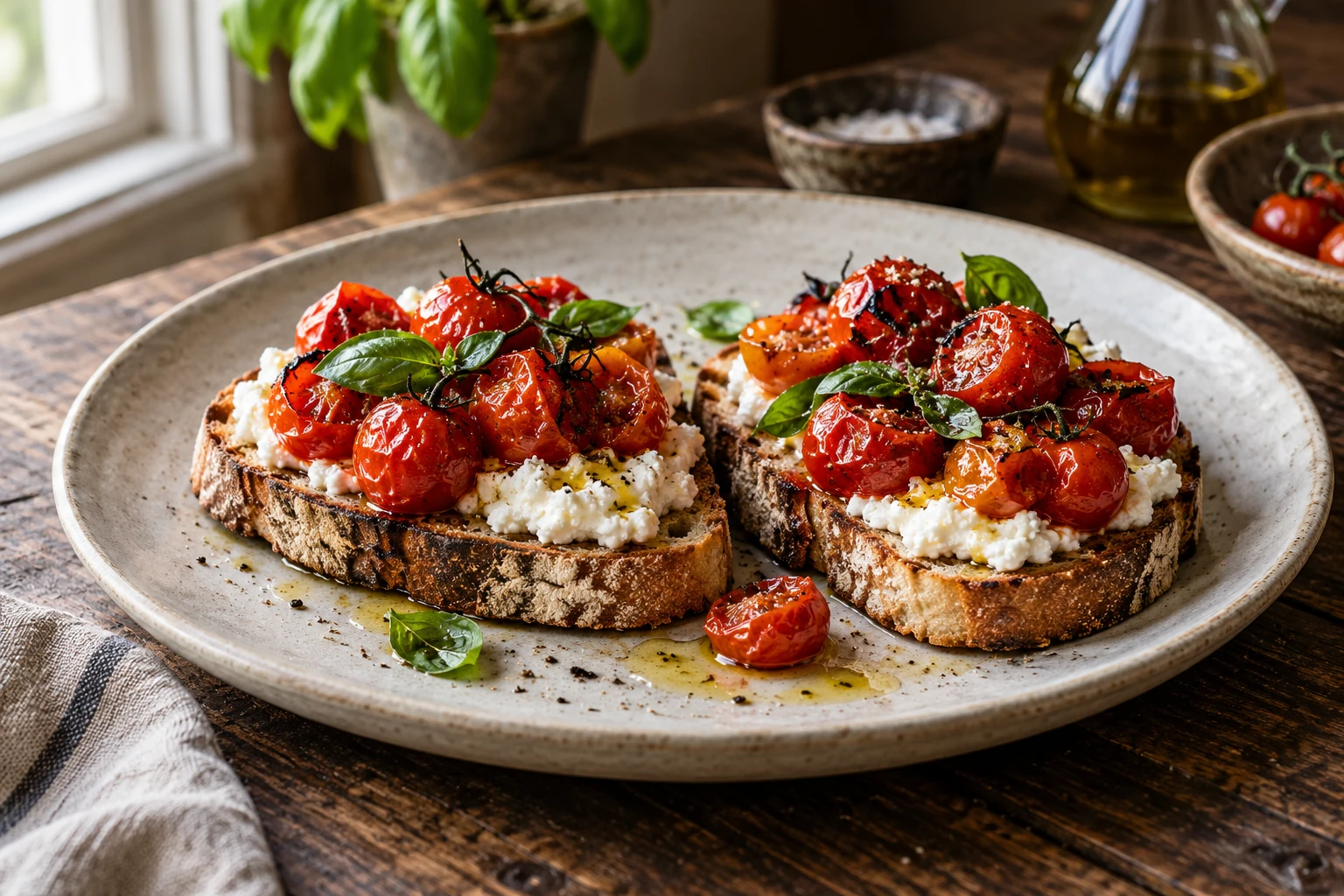 Sourdough toast with ricotta, roasted cherry tomatoes and basil